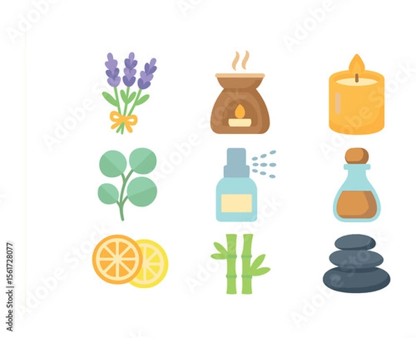 Fototapeta Aromatherapy Icon Collection. Flat icon set of spa aromatherapy elements: lavender bunch, oil diffuser,