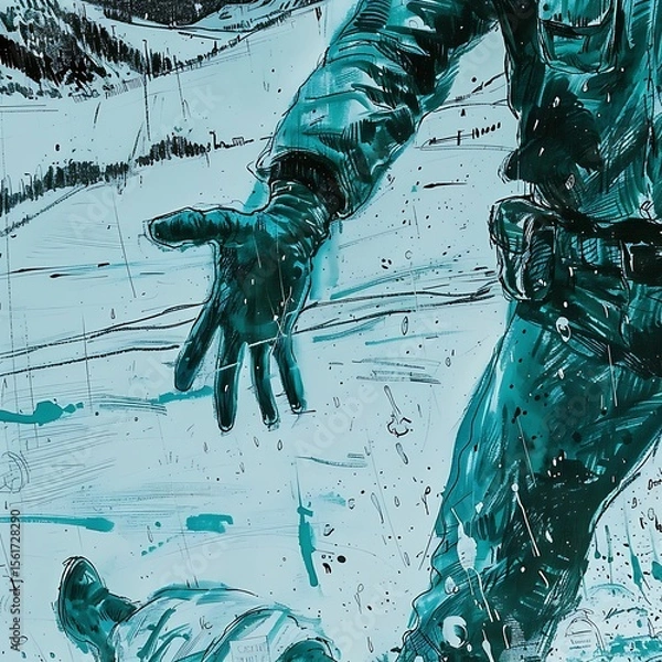 Fototapeta Intense moment portrayed through artistic rendering of an emergency situation in snowy peaks