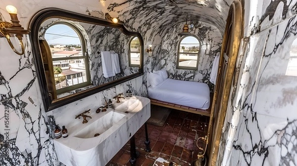 Fototapeta Intimate and luxurious bathroom and bedroom space with marble walls and unique design elements
