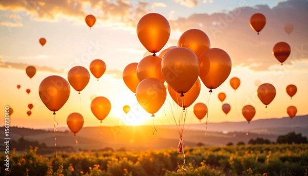 Obraz Orange Balloons Floating Over Fields at Sunset