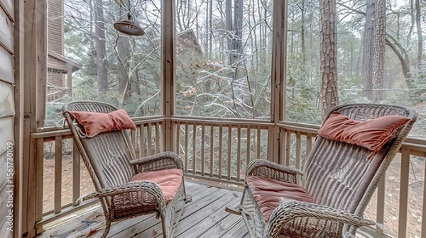 Fototapeta Inviting porch scene showcasing wicker rocking chairs with forest backdrop on a calm day