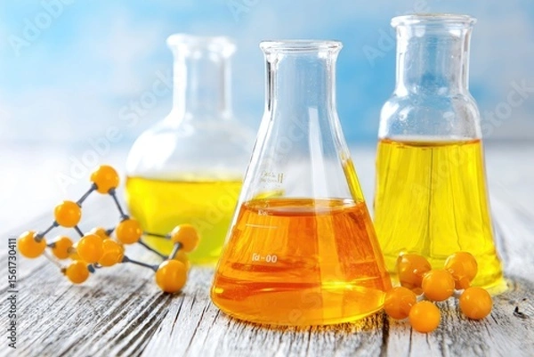 Fototapeta Three glass beakers filled with amber liquid, alongside small, yellow berries and a molecular model, on a light gray wooden surface