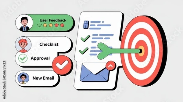 Fototapeta Checklist and Approval Workflow Hitting Target with Positive Feedback Icons