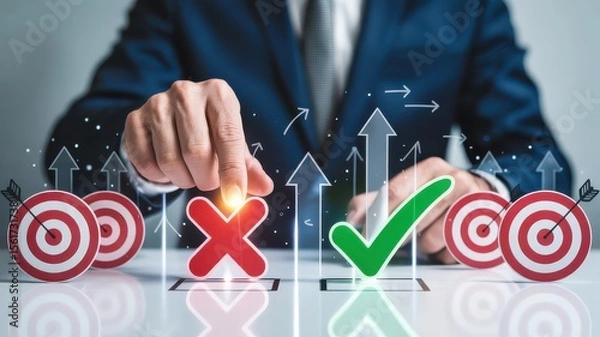 Fototapeta Businessman Choosing Correct Decision Symbol with Targets and Arrows