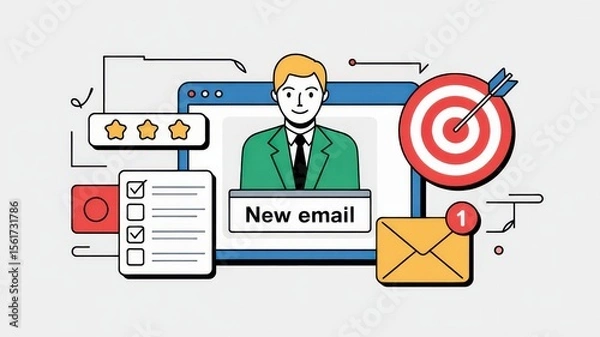 Fototapeta New Email Notification and Checklist with Target Hit in Business Interface