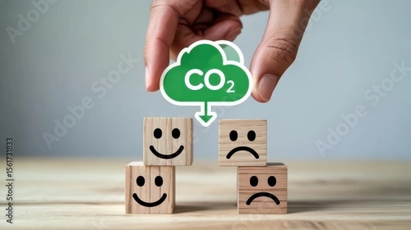Fototapeta CO2 Emissions Impact Depicted with Emotion Blocks and Hand Decision Symbol