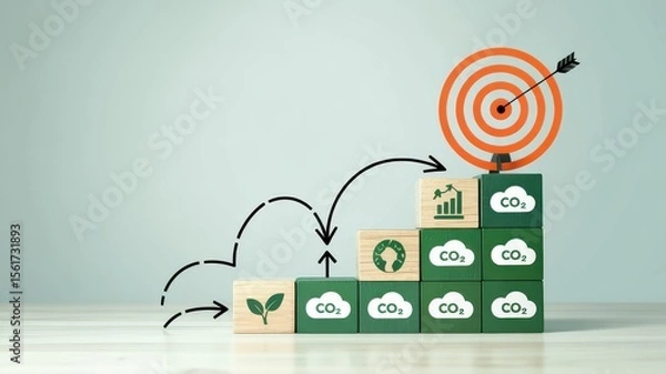 Fototapeta Sustainability Steps Toward CO2 Goals Visualized with Building Blocks and Target