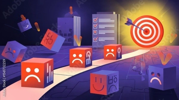 Fototapeta Emoji Blocks on a Path with Checklist and Target Indicating Goal Achievement