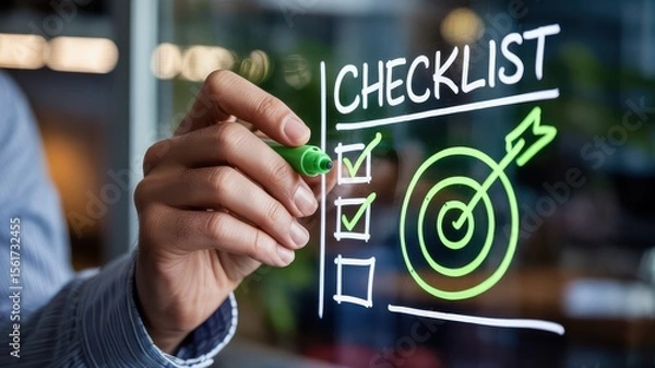 Fototapeta Hand Marking Checklist and Target with Green Marker on Glass Surface
