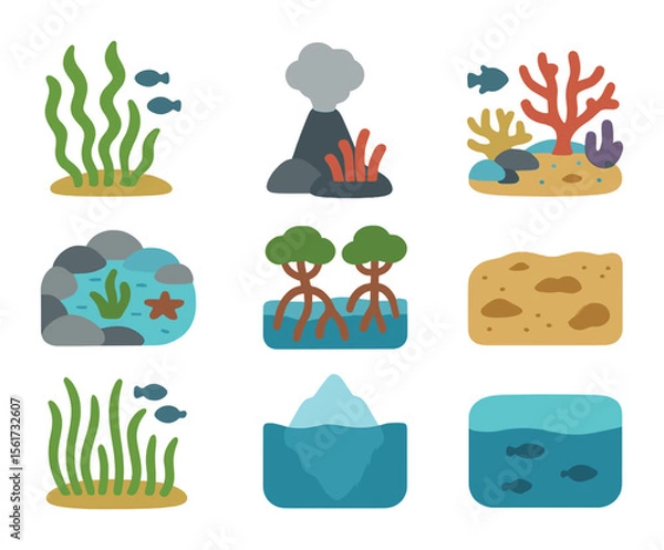 Fototapeta Ocean Habitat Icons. Flat icon set of ocean habitats: kelp forest, deep sea vent, coral reef, tidal pool,