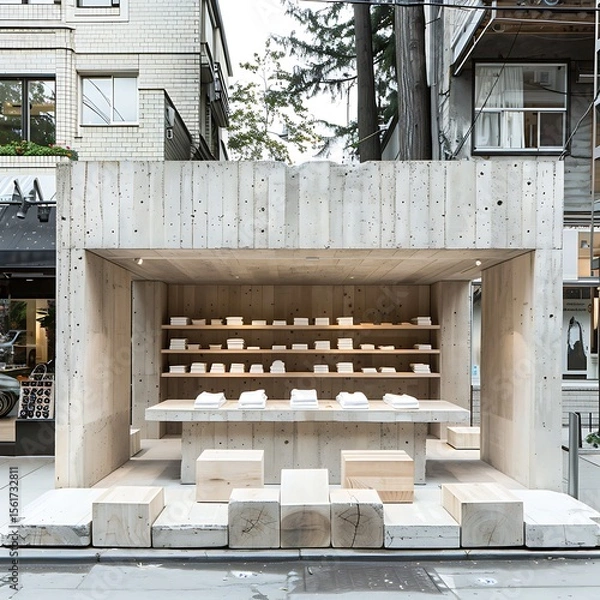 Fototapeta Minimalist concrete structure showcasing products in an urban retail setting with natural light