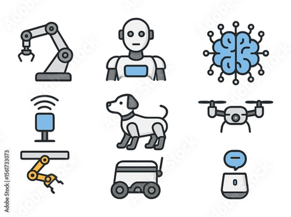 Fototapeta Robotics Icon Set. Flat icon set of robotics advancement: mechanical arm, humanoid robot, AI brain, sensor