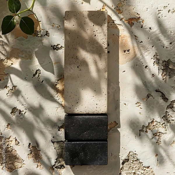 Fototapeta Minimalist dark soap display on weathered surface with organic plant shadow patterns