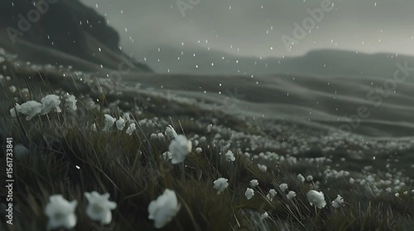 Fototapeta Misty tundra landscape with cotton grass and gentle rainfall creating serene view