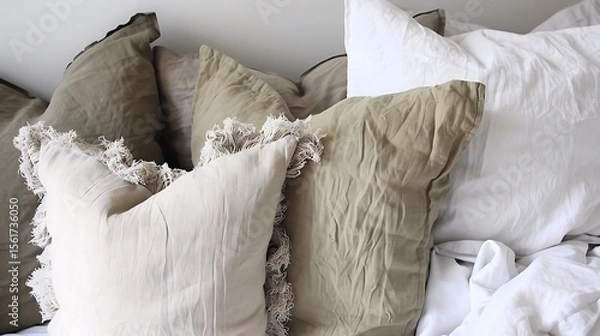 Fototapeta Neutral-toned textured throw pillows with tassels create a cozy and inviting bed arrangement