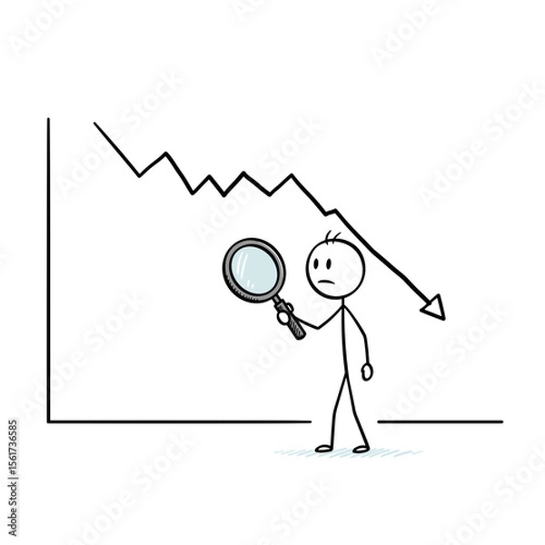 Fototapeta Stick figure examining declining graph with magnifying glass  