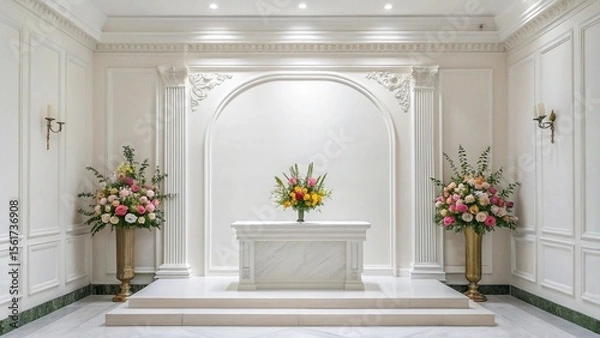 Obraz Elegant White Wedding Chapel Altar with Floral Arrangements: Serene, Bright, and Luxurious Setting.
