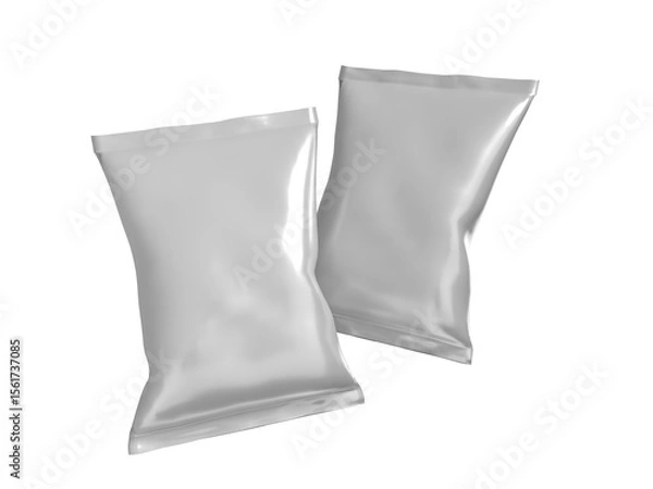Obraz 3D Realistic blank plastic foil chips bag packaging mockup isolated on background. Sachet bag product template containers for presentation branding food snack, chips, cookies, peanuts, candy