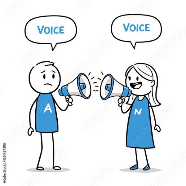Fototapeta Two cartoon characters communicating with megaphones on a white background  