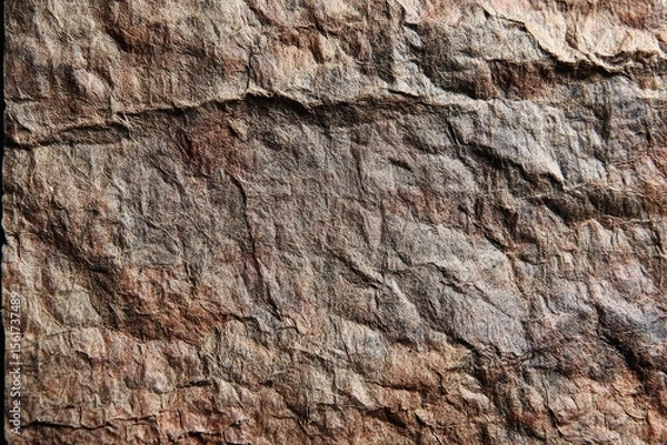 Fototapeta Close-up view of textured, wrinkled paper, mottled with shades of brown and gray.  Crinkled surface resembles bark or rough stone