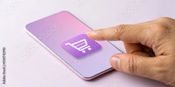 Fototapeta Hand tapping a shopping cart icon on a smartphone screen.