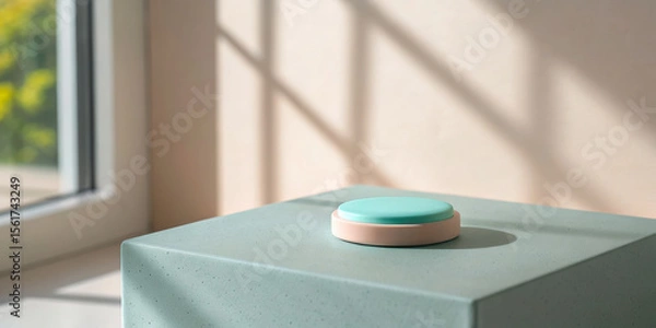 Fototapeta Modern minimalist decor with a round turquoise object on a textured surface.