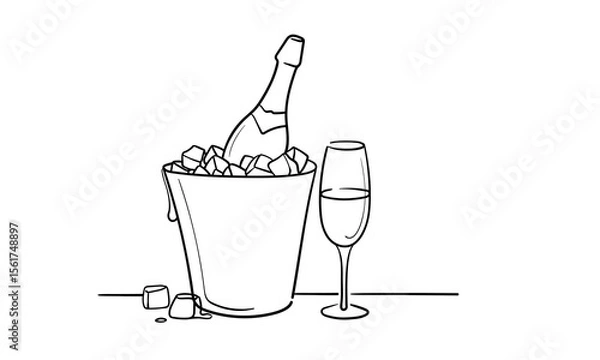 Fototapeta Champagne bottle in ice bucket, continious line drawing. Vector illustration