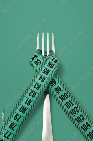 Fototapeta Top view of a fork wrapped with a green measuring tape, isolated on green background.