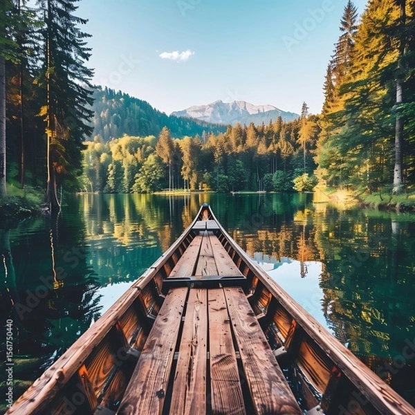 Fototapeta Serene lakeside adventure: a wooden canoe journey through emerald waters and towering trees