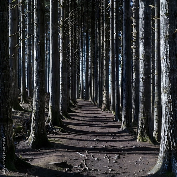 Fototapeta Serene path through a dense woodland, sunlight filtering through tall, towering trees