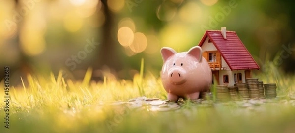 Fototapeta The piggy bank beside a miniature house symbolizes financial security and investment.