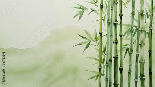 Fototapeta Watercolor Bamboo Edge with Empty Green Space. ideal for nature, spa, or eco-themed background use.