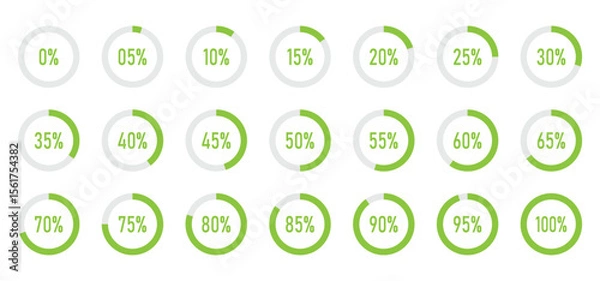 Fototapeta Percentage icon set. Progress or loading percentage circles containing 0% to 100% with 5% increase, for app, UI, website and animation design element. Transparent PNG and vector illustration.