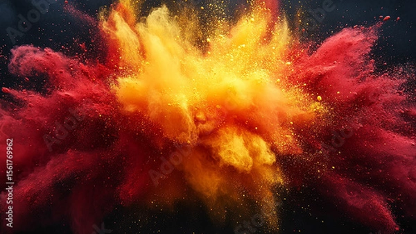 Fototapeta Vibrant explosion of red and yellow powder.
Colorful burst of abstract dust on a dark background.