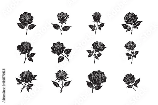 Fototapeta silhouette of flower rose set bundle on the white background