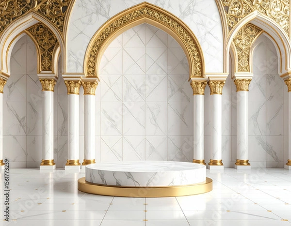 Fototapeta Golden & Marble Podium Luxurious Cathedral Setting for Product Display