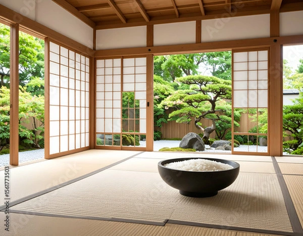 Fototapeta Serene Minimalist Japanese Room Rice Bowl Podium, Bonsai, and Tranquil Garden View