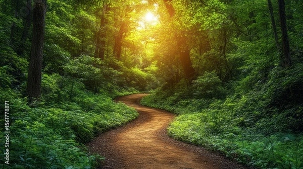 Fototapeta Sunlit path winds through lush forest