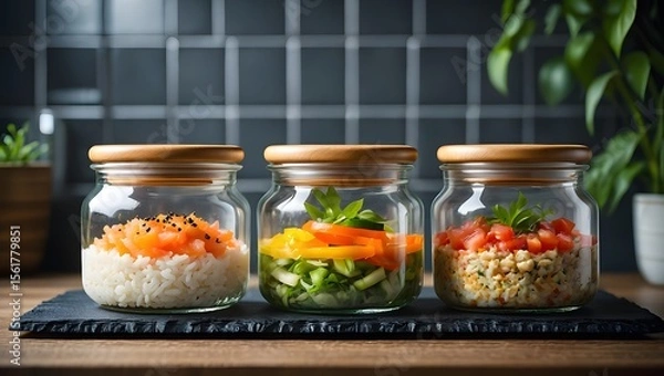 Obraz Glass jar salads healthy meal prep ideas easy lunch recipes for on the go balanced diet food