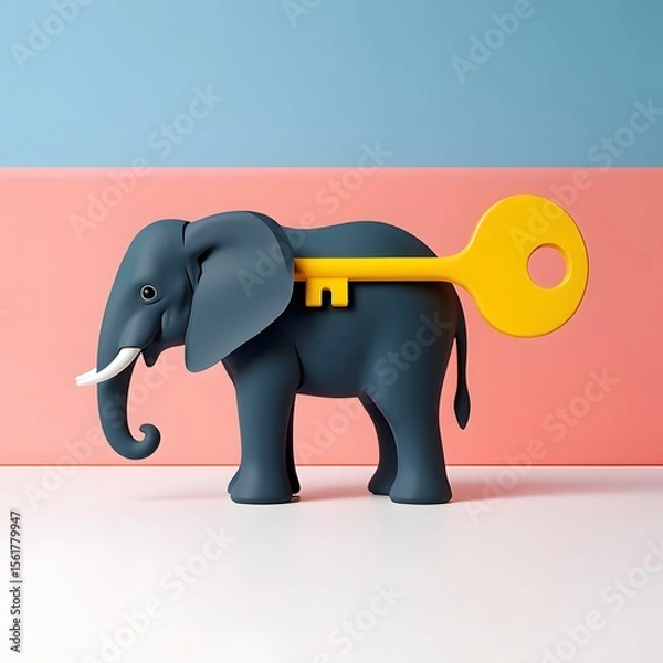 Obraz Elephant toy with key illustration, cute animal toy, wind up toy, pastel colors background art
