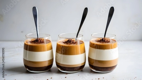 Obraz Explore delicious coffee panna cotta recipe layered dessert with chocolate shavings and spoons