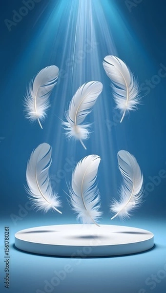 Obraz White feathers floating gently on a blue background product display podium showcasing lightness concept