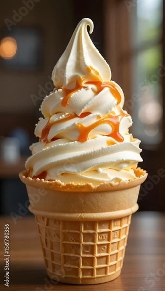 Obraz Delicious soft serve ice cream cone with caramel drizzle perfect summer dessert treat food photography