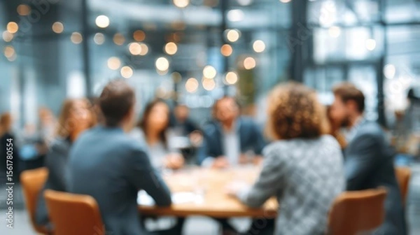 Fototapeta Blurred image of business meeting in modern office, professional team discussion around conference table in corporate environment.