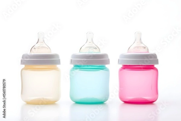 Obraz Baby bottles for newborn feeding essentials colorful plastic bottles with nipple set isolated 92