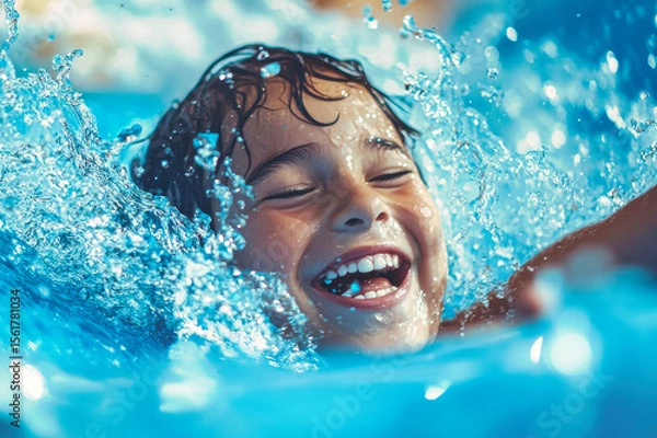 Fototapeta Family enjoying summer fun together sliding down a thrilling water slide at an amusement park
