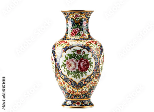 Fototapeta Ornate porcelain vase with floral patterns isolated on transparent background