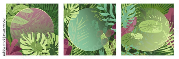 Fototapeta Tropical leaves frame backgrounds. Nature, exotic plants, flowers, botanical border, floral banner, card design. Leaf greenery, lush garden, botany pattern. Flat vector illustration set