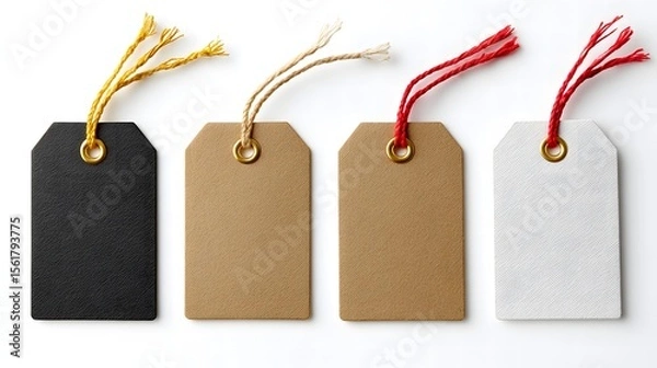 Fototapeta Four Textured Tags in Black Brown and White with Colored Strings