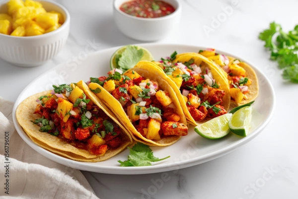 Obraz Tacos Al Pastor with Pineapple. Delicious tacos al pastor on a white plate, garnished with pineapple, cilantro, and lime. A bowl of pineapple and salsa is also included.